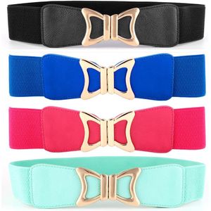 Vrouwen-Dame-Gouden-Boog-Gesp-Elastische-Riem-Faux-Leather-Stretch-Taille-Band-BLTYN0002-Groen